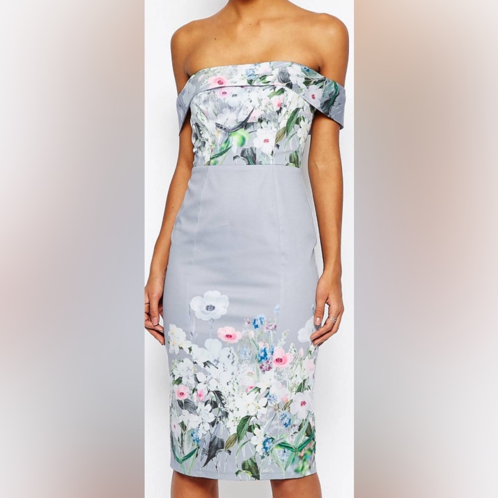 ASOS Adorable Grey Border Floral Midi Pencil Dress